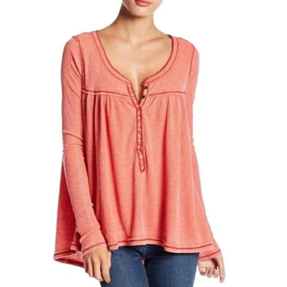 Free People We The Free Coral Thermal Henley Babydoll Top Size Medium